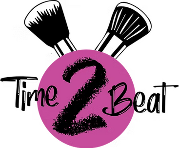 Time2Beat Beauty and Makeup Logo 2 makeup brushes with a pink circle and "Time 2 Beat" across in black
